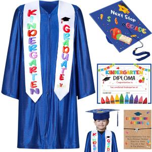 Wesiti Kindergarten Graduation Cap Gown Stole Set with Tassel Bracelet Certificate Graduation Kit Gifts for Kids (30', Blue)
