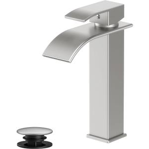Rywuanku Tall Brushed Nicklel Bathroom Faucet Waterfall Spout, Single Handle Sink Faucet with Pop-up Drain & Deck Plate, Modern 1 Hole Vanity Faucet for RV, Farmhouse, Camper or Bathroom