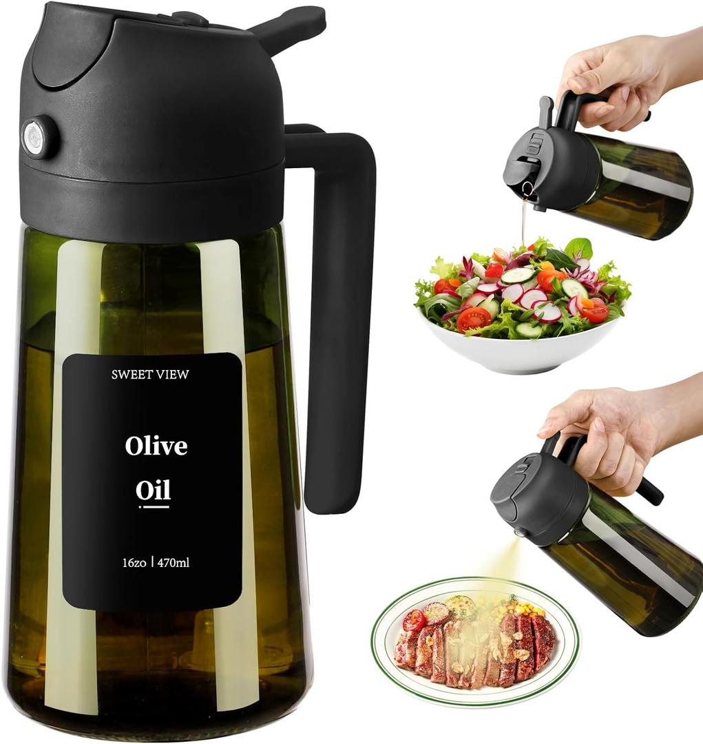 SWEET VIEW - Olive Oil Sprayer for Cooking, 16oz/470ml Glass Light-Proof Oil Pourer for Kitchen with Stickers for Air Fryer, Cooking, Salad, and BBQ with Stickers (Black)
