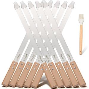 10PCS Stainless Steel Koobideh Skewers, 23.6" Flat Persian Kabob Skewer, Metal Long BBQ Skewers for Grilling Meat with Wood Handle and Silicone Brush for Picanha Brazilian Shish Adana Kebab