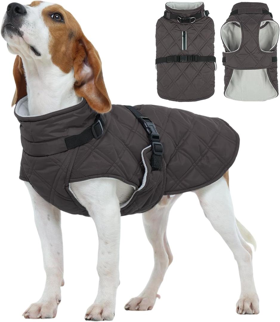 Kuoser Dog Coat Warm Fleece Lining Turtleneck Dog Jacket with Harness Built-in, Adjustable Windproof Cold Weather Coats with Quick Release Buckle Pet Winter Snowsuit for Medium Large Dogs, Grey L (Large (Chest Girth:24.4"))