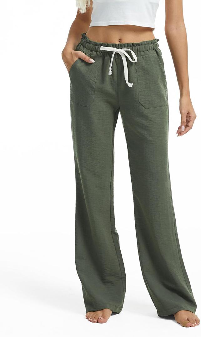 SEVEGO Women's Casual Linen Pants Long 32" Inseam Flared Leg Smocked Waist Beach Summer Slacks, Green, Medium 
