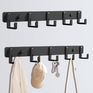 2 Packs Coat Rack Wall Mounted Black Coat Hanger with 5 Hooks Heavy Duty Wall Coat Hooks Load Capacity 33 Lbs Robe Hooks Rust-Free Clothes Hook with Screws for Coat and Towel