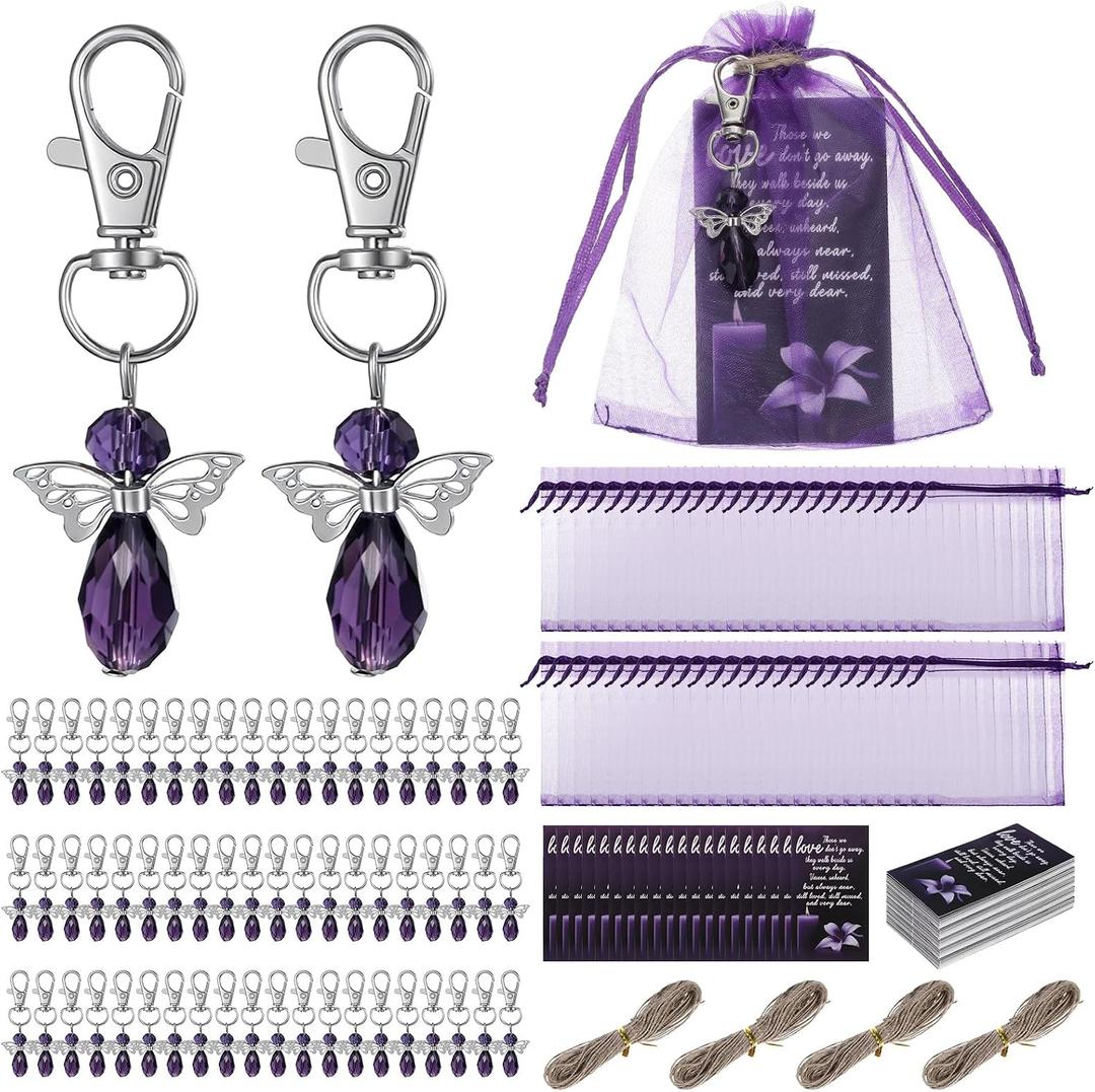 60 Sets Funeral Favors, Purple Angel Rhinestone Keychains with Thank You Cards & 4.7x4 Organza Bags, Memorial Service Guest Gifts, Sympathy Thank You Party Supplies