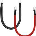 2 AWG 2 Gauge Red + Black Pure Copper Battery Cables Power Inverter Wire Set for Solar, RV, Car, Boat, Automotive 12in 3/8 in Lugs (2PCS)