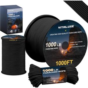 1000lb Paracord Rope, 4mm 12 Triple Strands Paracord, Heavy Duty Tactical Parachute Cord for Survival Gear, Camping, Hiking, and Ideal for Bracelets, Lanyards, Type III (100ft, black)