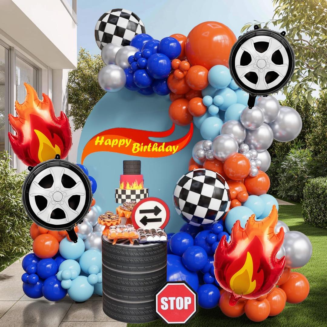 141PCS Blue Orange Race Car Balloon Arch Kit with Flame Foil Balloons, Monster Truck-Inspired Birthday Decorations, Tire Balloons, Racing Party Supplies for Boys, Balloon Garland Kit
