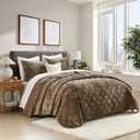 Homzard Luxury Velvet Quilt Set King Size Bedding, Mocha Brown Comforter Set, Ultra-Soft Striped Channel Stitch All Season Comforter, Thermal Bedspread Coverlet with 2 Pillow Shams