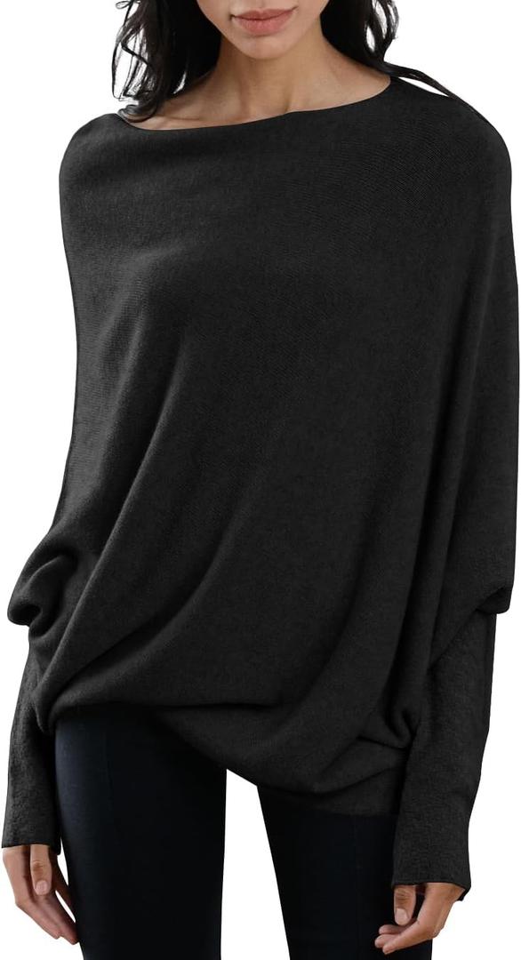 Imily Bela Batwing Boat Neck Sweaters for Women Spring Long Sleeve Soft Knit Loose Baggy Pullover Jumper Top (Large, Black)