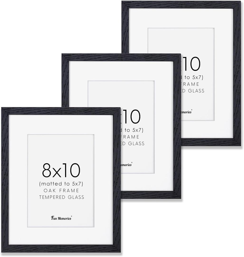 Black Picture Frames 8x10, 8"x10" Photo Frame for Wall, Oak Wood 8x10 Frame with Stand, Real Tempered Glass, 8 x 10 Frame with Mat for 5 x 7, Rustic Wood 8x10 Frame, Set of 3
