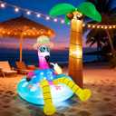 Inflatable Flamingo Outdoor Decorations with Palm Tree 6FT Hawaiian Blow up Decoration Summer Inflatables with LED Lights for Tropical Luau Party Beach Pool Supplies Yard Garden Lawn Dcor