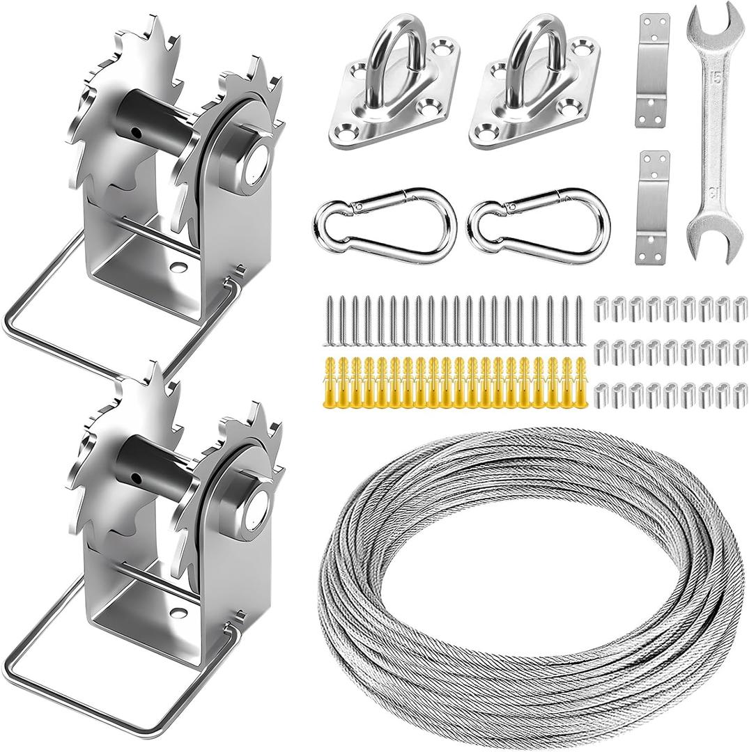 FZENeast Shade Sail Hardware Kit Include Winches & Wire Rope,Anti-Rust Stainless Steel Sun Shade Hardware Kit for Rectangle Square Triangle Shade Sail Installation(75 PCS)