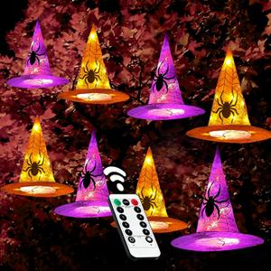 Twinkle Star 8 Pcs Lighted Hanging Witch Hats, Halloween Decorations Lighted Witch Hats with Remote Control String Lights, Battery Powered with 8 Lighting Modes for Garden, Yard, Tree