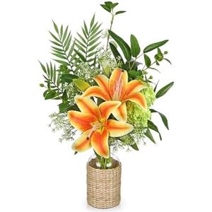 Hollyone Fake Flowers with Vase, Orange Silk Tiger Lily Artificial Flowers in Vase, Faux Plants and Flowers Arrangement Bouquets with Vases for Table Centerpieces Office Bathroom Home Decor