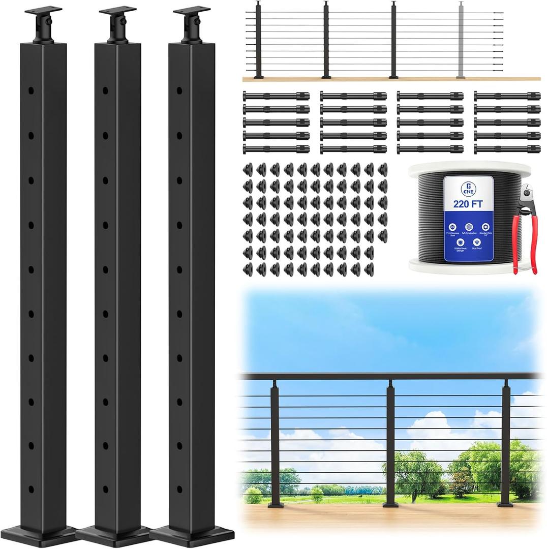 CKE 10-15ft Complete Set 36" Cable Railing Post Kit, 3Pack Adjustable Top Level Drilled Line Posts(35"x2"x2"), 220ft 1/8" Wire Rope, Black Swageless Invisible Cable Railing Kit (No Handrail) LPS01