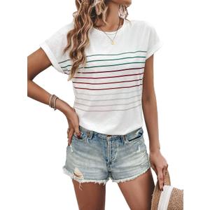 LilyCoco Womens Striped Shirt Short Batwing Sleeve Tops Crew Neck Casual Loose Fit Tee White X-Large (White, XL)
