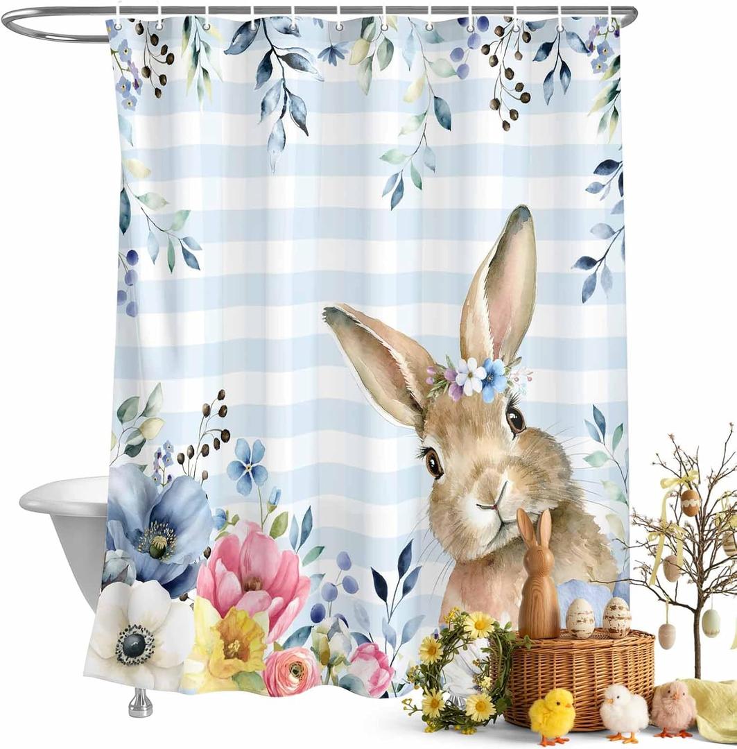 Easter Shower Curtain Bunny Blue Eucalyptus Leaves Bath Curtains Spring Buffalo Plaid Seasonal Waterproof Polyester Fabric Bathroom Shower Curtain Set with 12 Hooks Decoration 72 x 72 Inches