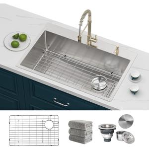 Kitchen Sink 33 x 22 Inch Drop-In Top Mount 16 Gauge Deep R10 Single Bowl 2-Hole Stainless Steel Kitchen Sink and Accessories (Pack of 4)