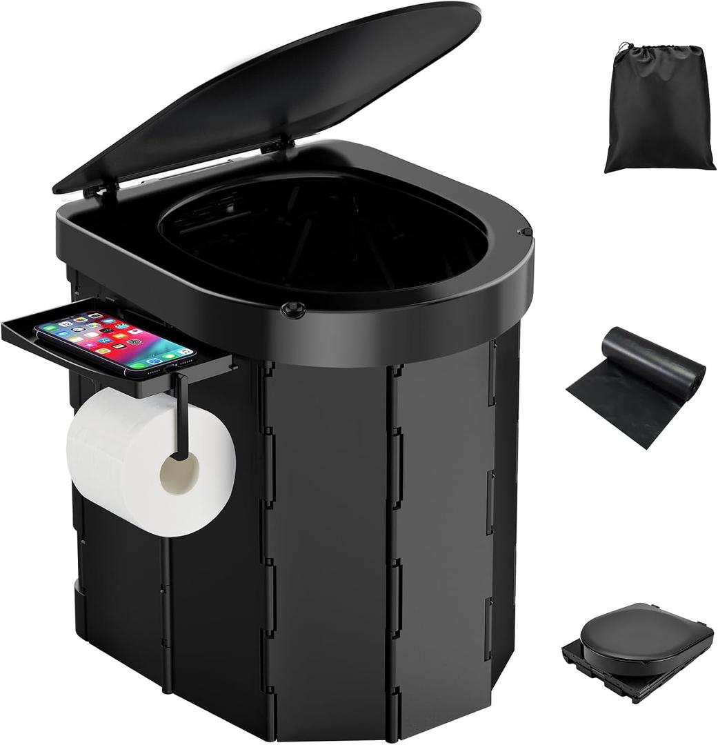 Portable Camping Toilet, Foldable Toilet for Adults with Detachable Phone Shelf and Toilet Paper Holder, Waterproof Porta Potty with Lid for Camping, Hiking, RV Travel, Road Trips (Black)
