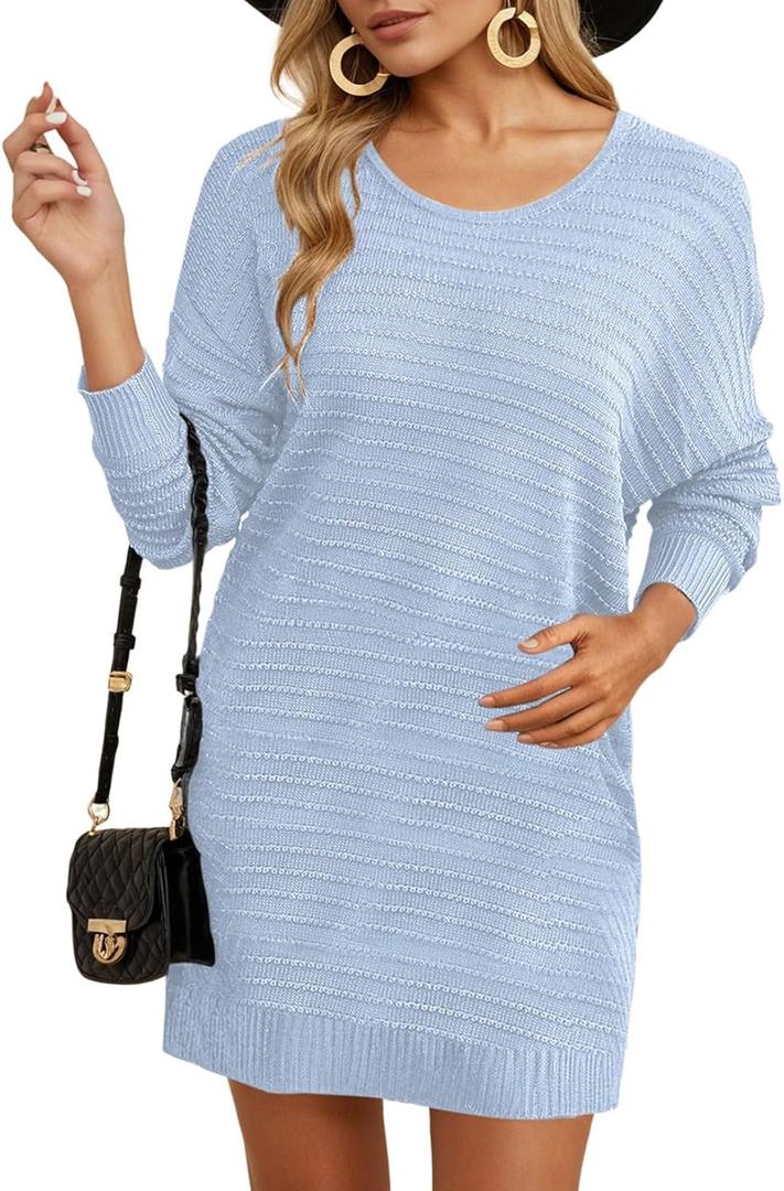 Dokotoo Womens Sweater Dresses 2025 Trendy Casual Crew Neck Long Sleeve Textured Pullover Knit Dress (Medium, Sky Blue)