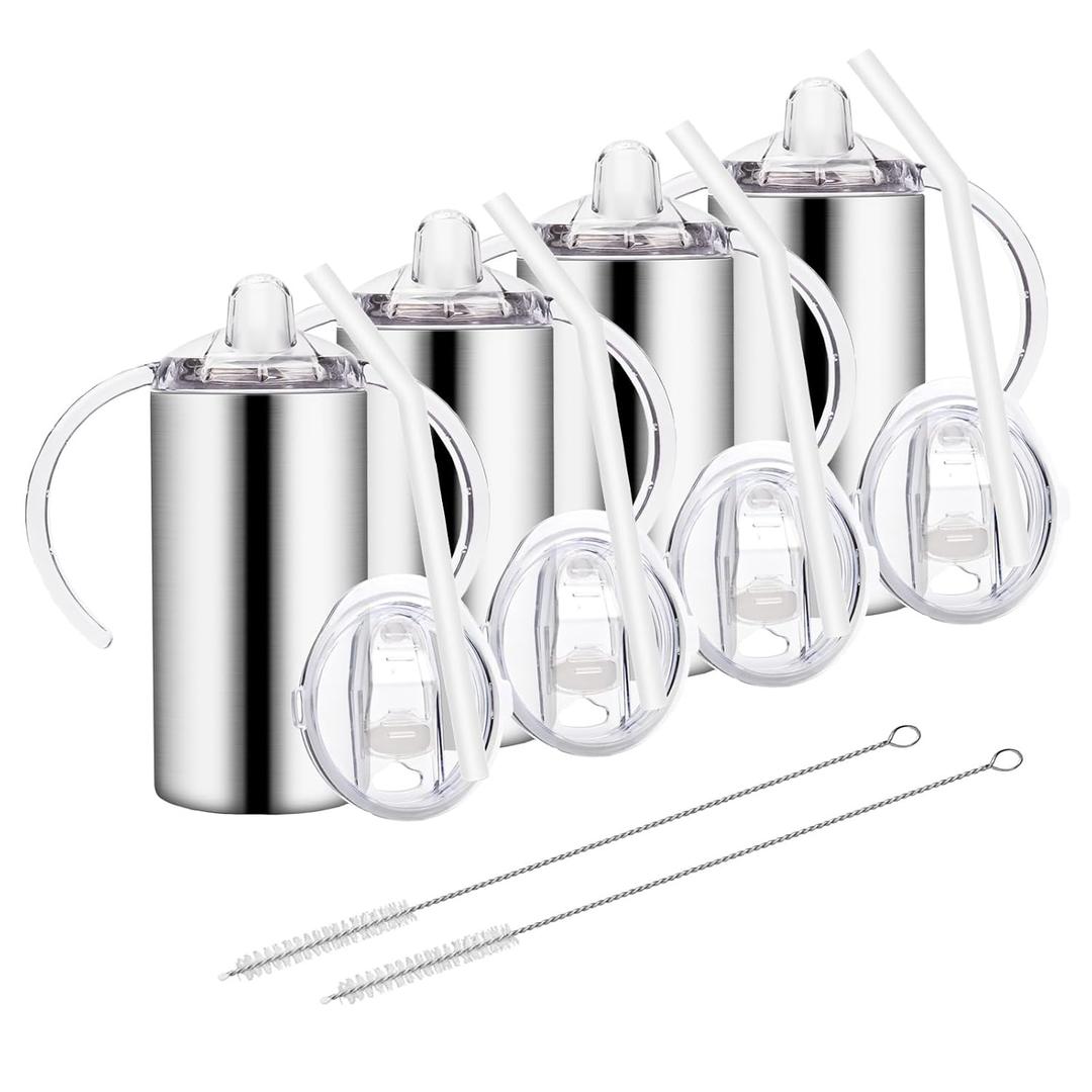 12oz Stainless Steel Sippy Cups for Toddlers with Handles, Spill Proof Double Wall Vacuum Insulated Sippy Cups, Kids Straw Cups with Extra Lids for School, Outdoor, 4 Pack