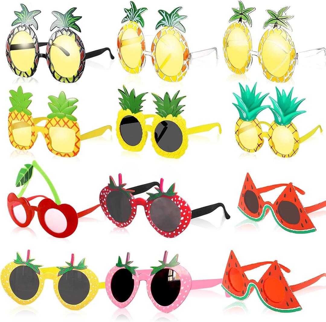 12 Pieces Fruit Eyeglasses Tropical Pineapple Glasses with 12 Styles,Hawaiian Fruit Funny Shape Eyeglasses Pineapple Party Favors for Hawaiian Summer Beach Luau Theme Party Supplies