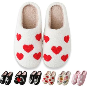 Halloween Slippers for Women Men, Soft Plush Fuzzy Winter holiday slippers, Retro Cozy House Slippers, Comfy Bedroom Christmas Slippers Indoor Outdoor Shoes (10-11 Women/9.5-10 Men, Heart)