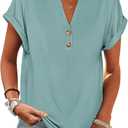 ANRABESS Womens Short Sleeve Henley Tops V Neck Dressy Casual Blouses Summer Trendy Tee Shirts 2025 Vacation Fashion Clothes, S, Cadet Blue