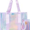 Large Iridescent Clear Tote Bag for Women - 26L Waterproof Sandproof Beach, Vacation, Holiday, Travel, Swimming, Pool, Cruise, Boat Bag With Zipper Pouch, Jacquard Strap