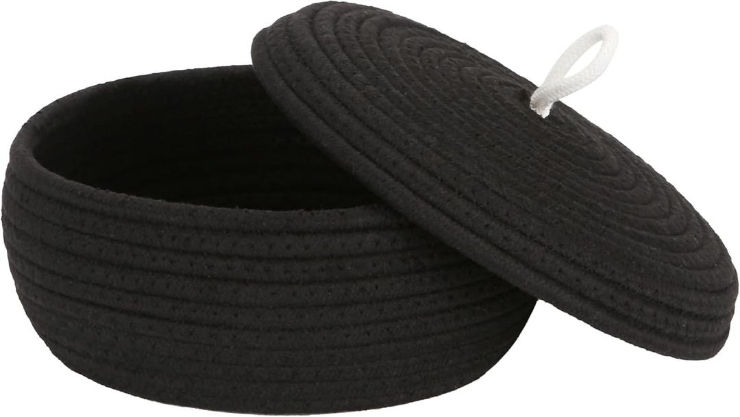 Sea Team Round Cotton Rope Storage Basket with Lid, Decorative Woven Storage Bin, Pot, Caddy, Organizer, Container for Snacks, Towels, Plants, 10 x 4.5 Inches (Small, Shallow, Black)