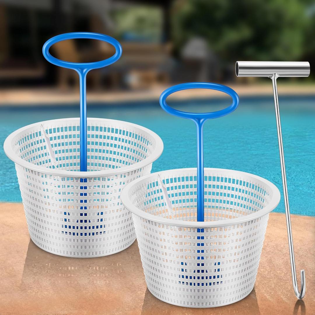 Saillong 2 Pack 8" Pool Skimmer Basket for Inground Pool with 2 Blue Skimmer Basket Handle and 1 Stainless Steel Hook, White Universal Pools Filter Baskets Skimmers for Debris Removal, Keep Hand Clean