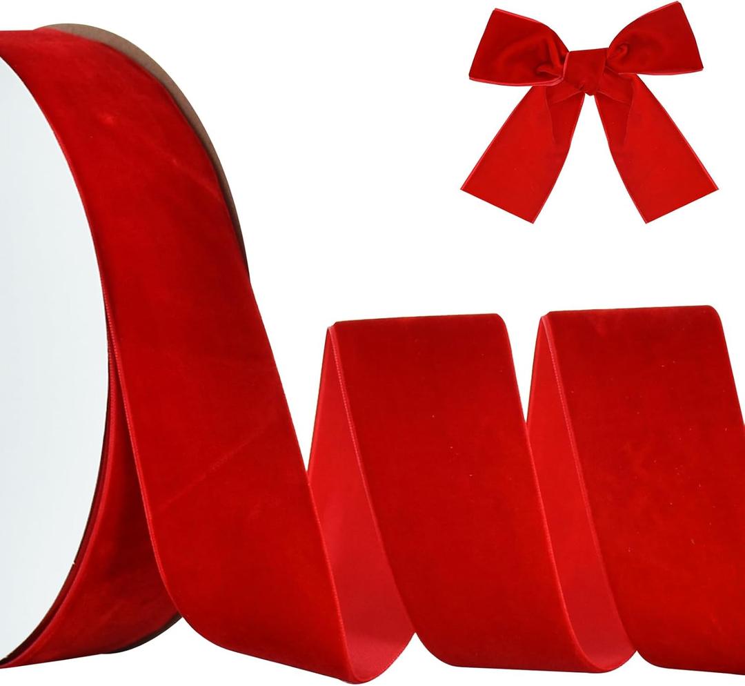 TONIFUL Red Velvet Ribbon 2 Inch x 25yds, Wide Valentine Ribbon for Christmas Wreath Decoration Handmade Craft Ornaments Gift Wrapping & Bow Making, Anniversary Wedding Bouquet Packaging