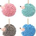 4 Pcs Chenille Fuzzy Ball Hand Towels Hedgehog Decorative Towels Absorbent Funny Hanging Hand Drying Towel with Button Loop for Bathroom Kitchen Washstand Bedroom Drying, 4 Colors