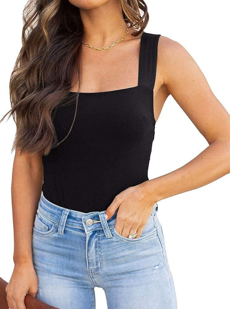 REORIA Womens Sexy Square Neck Sleeveless Tank Tops Bodysuits Clubwear Black, M