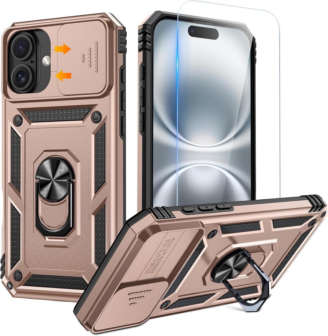 Goton Compatible for iPhone 16 Plus Case with Screen Protector - Slide Camera Cover Protective Phone Case with Ring Stand, Heavy Duty Shockproof Rugged Bumper for iPhone 16 Plus Accessories Rose Gold