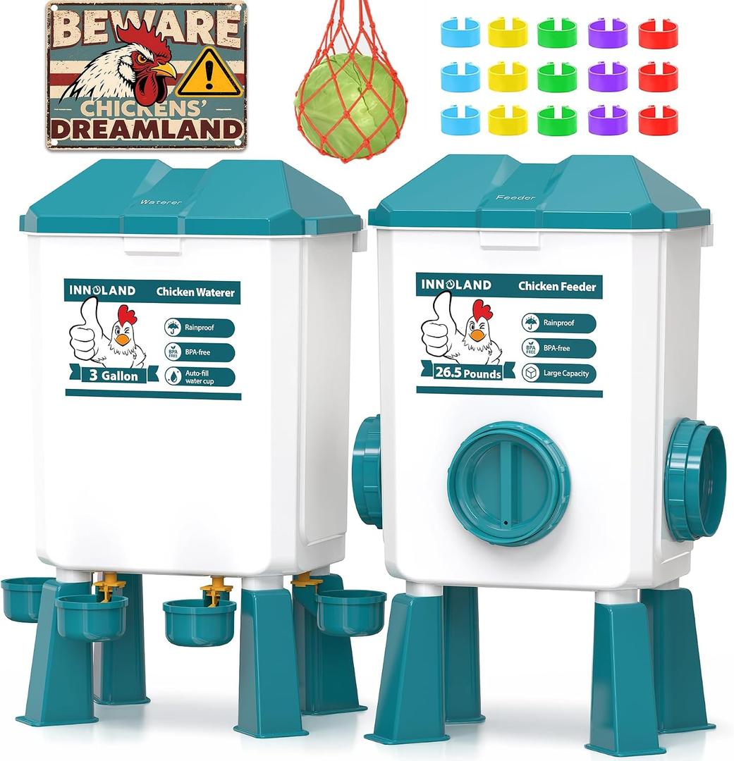 Chicken Feeder and Waterer Set - 3 Gallon/26.5 Pounds, Automatic Chicken Waterer with 4 Cups & 3 Feeder Ports, No Waste Poultry Feeders & Waterers, Chicken Coop Accessories for Hens/Ducks/Poultry