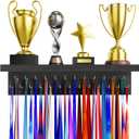 Medal Holder Display Trophy Shelf Organizer, Sturdy Wooden Race Award Hanger Rack with 25 Steel Hooks, Wall Mount Storage Stand for Sports Fans, Cheer Success (Charcoal Gray)