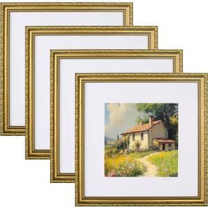 eletecpro 12x12 Picture Frames Set of 4, Vintage Photo Frame with Glass, Gold Frames 12 by 12 Display 8x8 Photo with Mat or 12x12 without Mat for Home Wall Decor, Gold