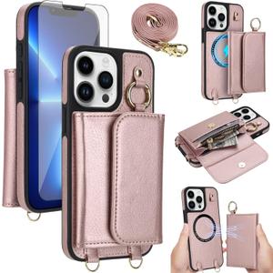 Asuwish Phone Case for iPhone 13 Pro 6.1 inch Wallet Detachable Cover and Screen Protector Compatible with MagSafe Crossbody Lanyard Strap RFID Blocking iPhone13Pro iPhone13 13Pro Women Men Rose Gold