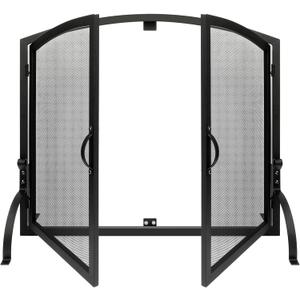 35" x 27" Single Panel Fireplace Screen with Magnetic Doors - Flat Fireplace Screens Stand Alone, Black Wrought Iron Spark Guard Mesh Cover, Arched Freestanding Gate for Indoor Living Room