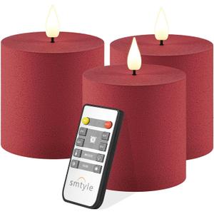 smtyle Christmas Red Flameless Pillar Candles 3x3 Vintage Color with Battery Operated Fake Flickering Candles Smart Remote - Perfect for Rustic Farmhouse Table Decorations & Indoor Room