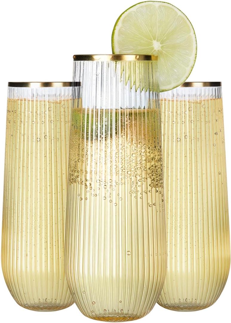 48 Pack Plastic Champagne Flutes Stemless 9 Oz, Ribbed Ripple Gold Rim Unbreakable Champagne Glasses, Elegant Durable Shatterproof Recyclable Glasses Ideal for Wedding Parties