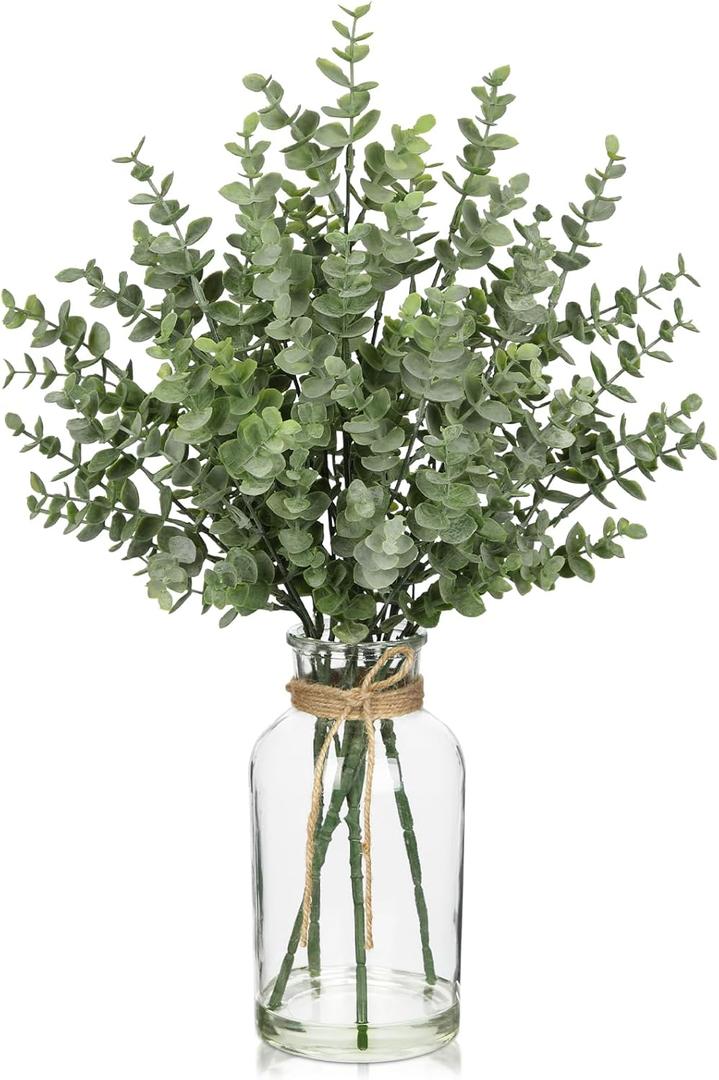Fake Real-Touch Eucalyptus in Glass Vase with Faux Water Realistic Faux Greenery Decor, 18" Tall, Artificial Eucalyptus Arrangement for Home, Farmhouse, Kitchen, Bathroom, Office