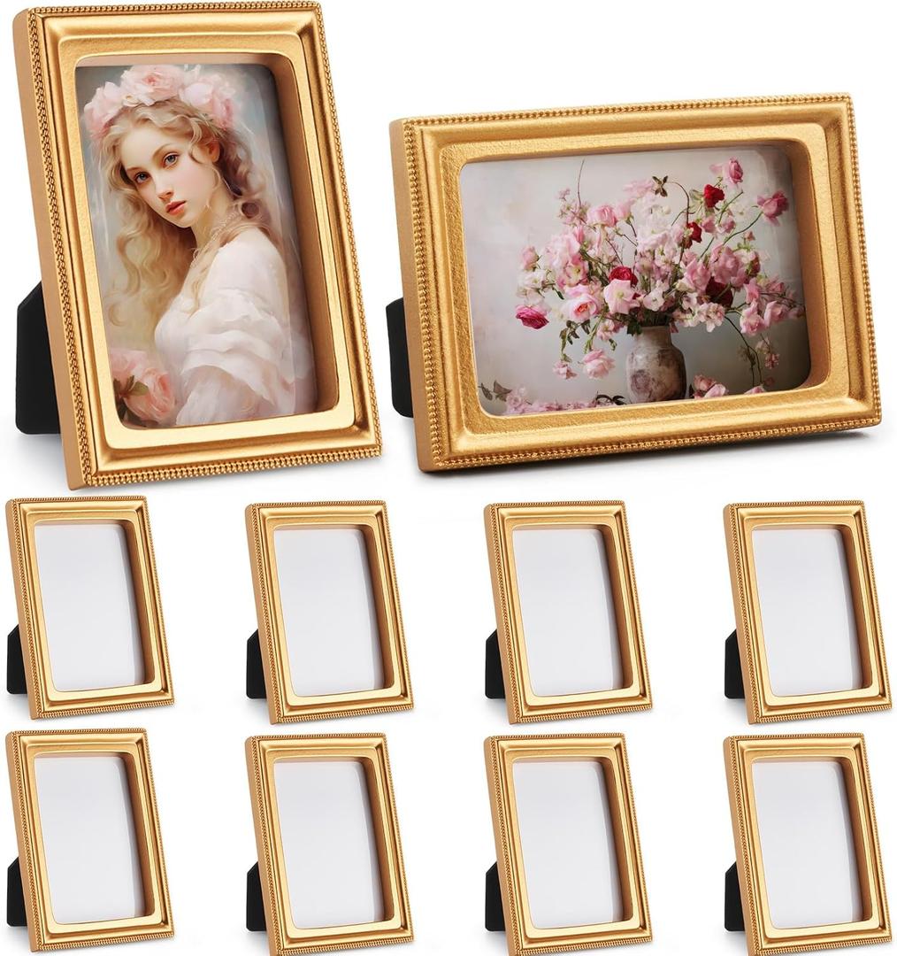 AceOrbit 10 Pcs Gold Mini Picture Frames Pack 2 x 3 Inch Small Vintage Antique Ornate Retro Baroque Photo Frames with Backboard for Wall Hanging Tabletop Display Wedding Christmas Decor (Rectangle)