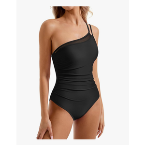 SUUKSESS Women Tummy Control One Piece Swimsuit Mesh One Shoulder Bathing Suit S