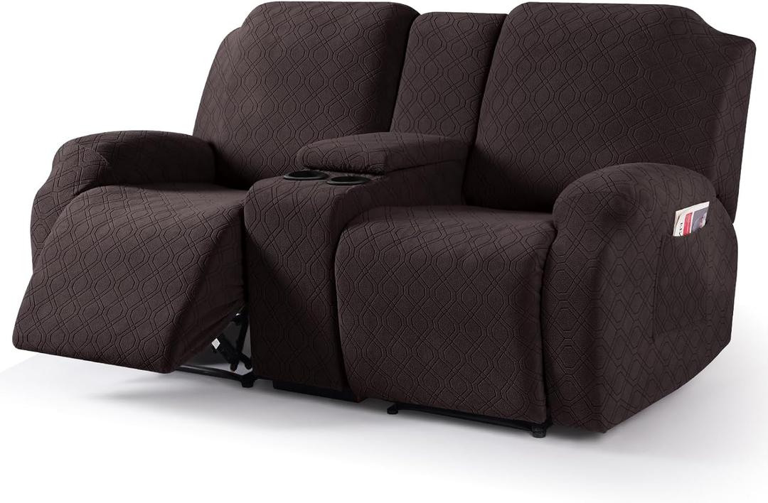 VANSOFY Recliner Loveseat Cover with Middle Console Stretch Reclining Sofa Slipcover for 2 Seat Jacquard Reclining Couch Sofa Covers Furniture Protector with Elastic Straps Bottom(Chocolate)