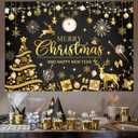 Black Gold Merry Christmas Backdrop Happy New Year 2026 Xmas Tree Gold Glitter Photography Background Winter Xmas New Year's Eve Family Holiday Party Decoration Banner Supplies (Black Gold, 8x6FT)