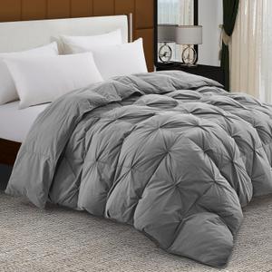 Pinch Pleat Goose Feather Microfiber Down Comforters King Size, Grey 100% Cotton Duvet Insert, Fluffy Medium Warmth Bedding Comforter with Corner Loops (Light Grey, 106 x 90 Inch)