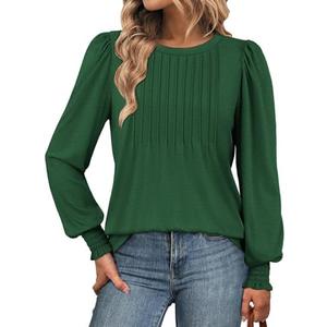 ATHMILE Womens Long Sleeve Shirts Crew Neck Tops Pleated Business Casual Blouses with Smocked Cuffs Trendy T-Shirts M