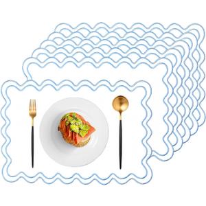 Set of 6 Rustic Embroidery Scalloped Placemats 13 x 19 Inch Cotton Linen Placemat Washable Double Layer Place Mats Tbale Decor for Kitchen Shower Banquet Party Holiday Table Decor (Blue)